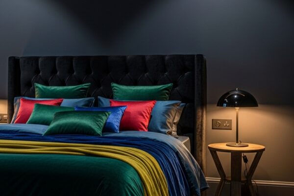 Moody bedroom with dark dramatic walls, ambient lighting, velvet textures, and luxurious bedding transforming sleep space into retreat