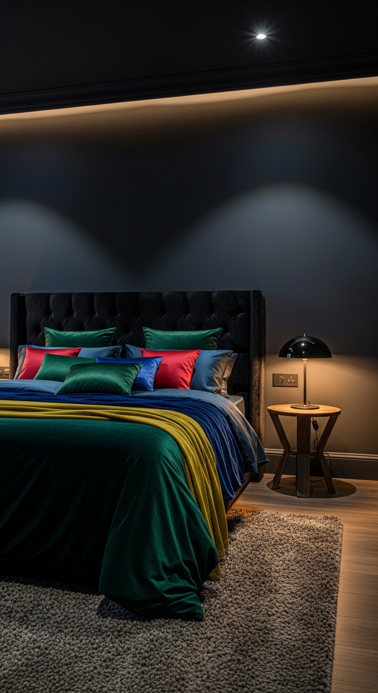 Moody bedroom with dark dramatic walls, ambient lighting, velvet textures, and luxurious bedding transforming sleep space into retreat