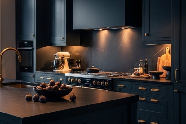 Moody kitchen with deep navy cabinets, black matte finishes, brass hardware, and dramatic lighting, transforming the cooking space into a masterpiece