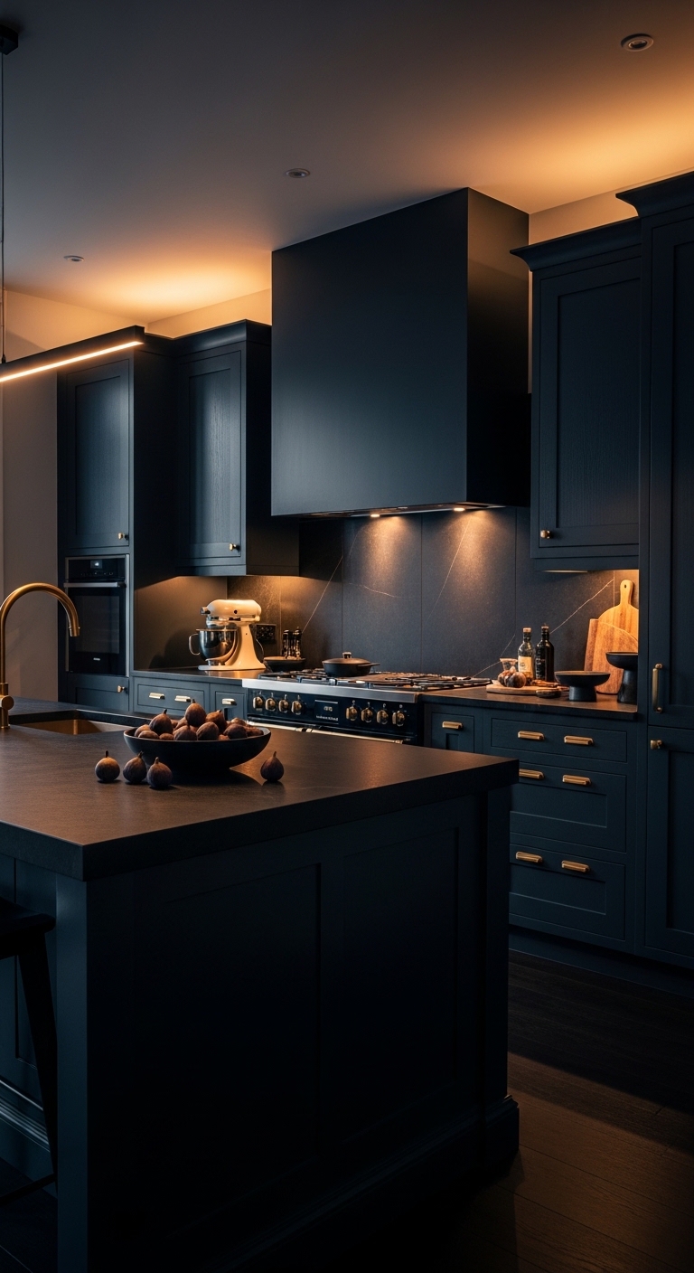 Moody kitchen with deep navy cabinets, black matte finishes, brass hardware, and dramatic lighting, transforming the cooking space into a masterpiece