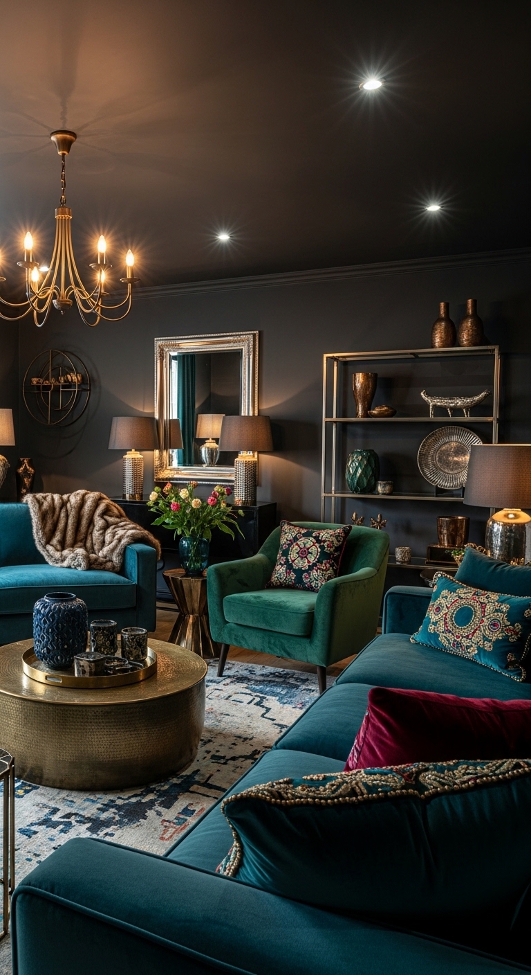 12+ moody living room ideas featuring dark walls, velvet furniture, layered lighting, and rich textures for dramatic haven transformation