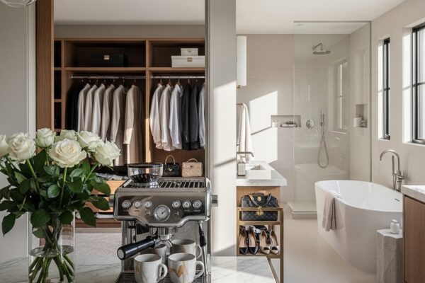 Luxury lifestyle scene featuring elegant home interior with premium coffee setup, designer wardrobe, fresh flowers, and spa-like bathroom for elevated everyday living