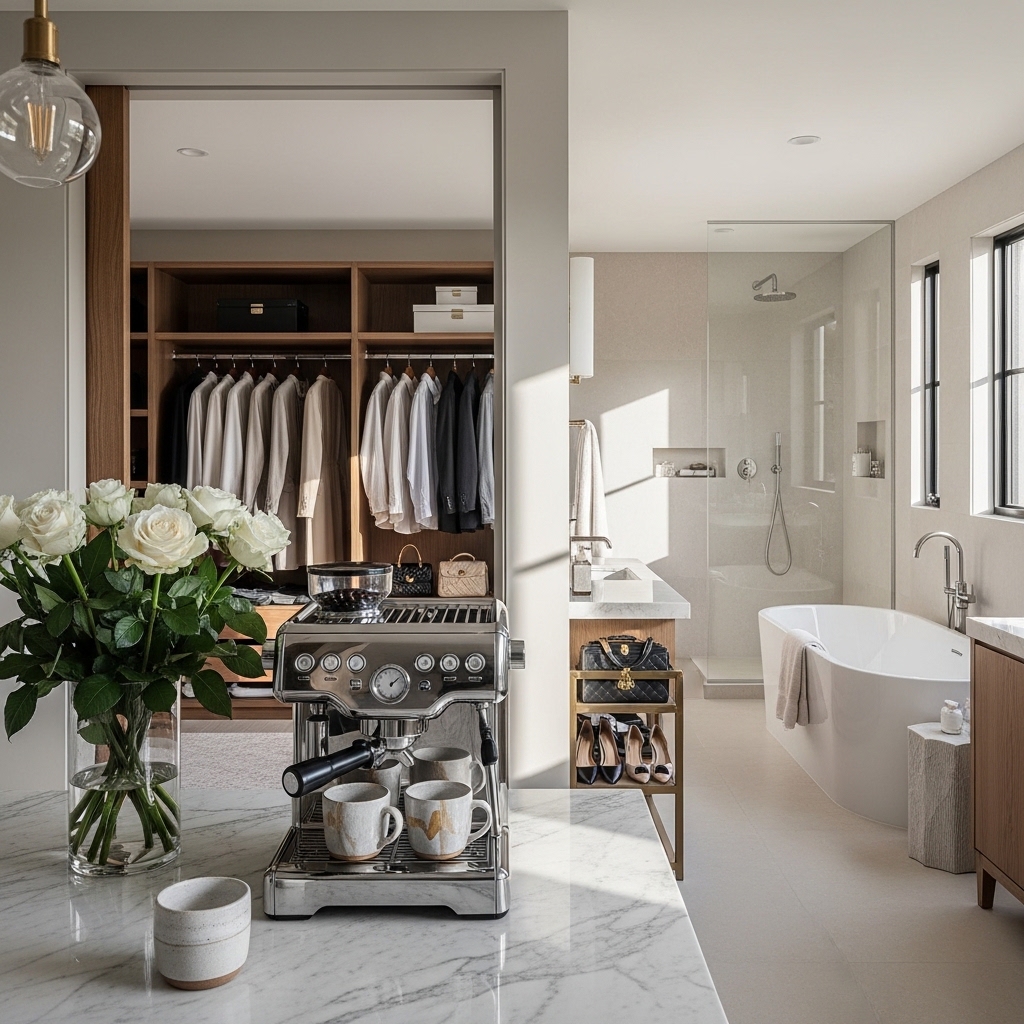 Luxury lifestyle scene featuring elegant home interior with premium coffee setup, designer wardrobe, fresh flowers, and spa-like bathroom for elevated everyday living
