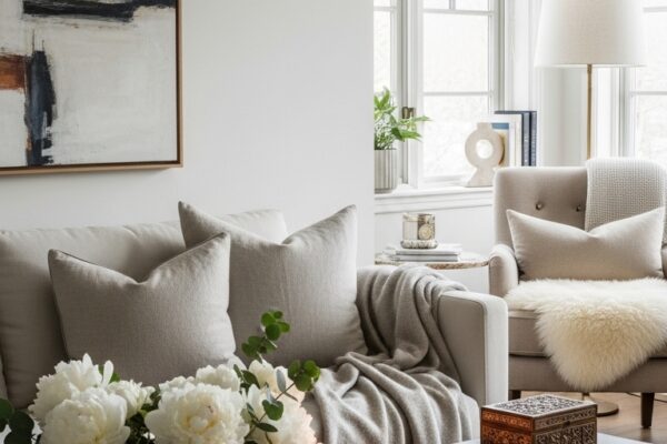 Rich life aesthetic interior with quality basics, fresh flowers, ambient lighting, and curated decor transforming everyday experience