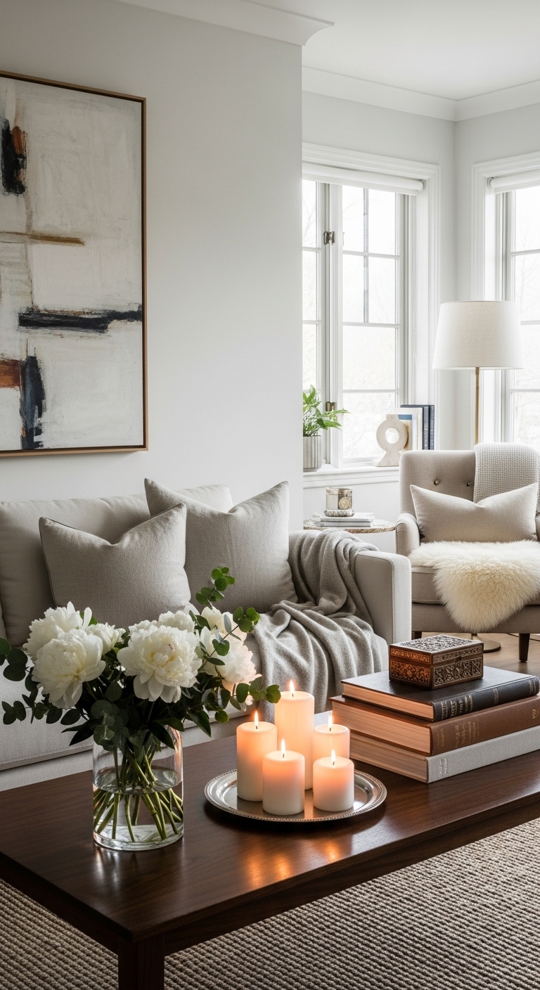 Rich life aesthetic interior with quality basics, fresh flowers, ambient lighting, and curated decor transforming everyday experience