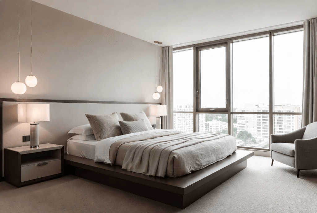 Serene master bedrooms decor featuring a cozy bed with layered textiles, warm neutral tones, and stylish accent pieces creating a personal sanctuary.