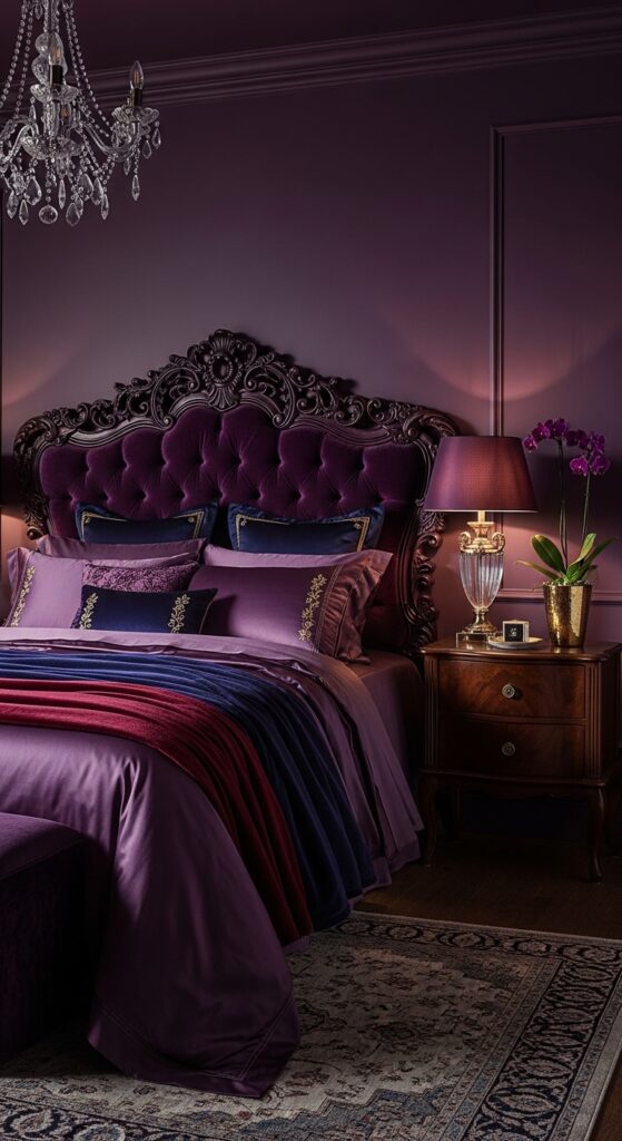 Moody bedroom with dark dramatic walls, ambient lighting, velvet textures, and luxurious bedding transforming sleep space into retreat