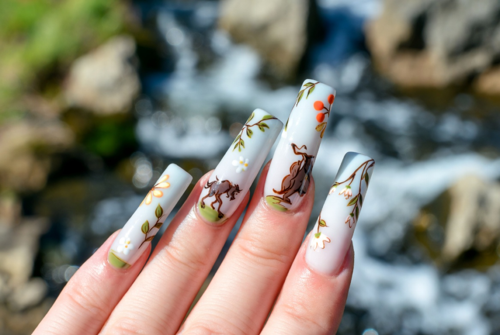Beauty and the Beast nail ideas 2026 featuring dramatic coffin-shaped acrylic nails with intricate 3D enchanted rose designs in deep red and gold on a dark background with green leaves and stems