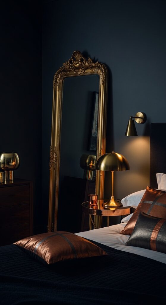 Moody bedroom with dark dramatic walls, ambient lighting, velvet textures, and luxurious bedding transforming sleep space into retreat