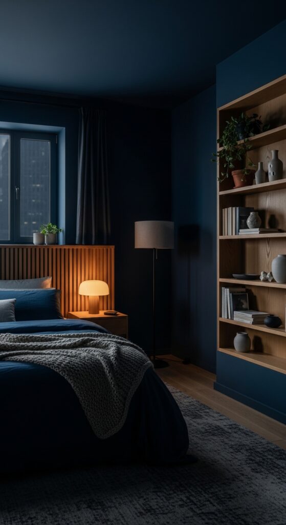 Moody bedroom with dark dramatic walls, ambient lighting, velvet textures, and luxurious bedding transforming sleep space into retreat