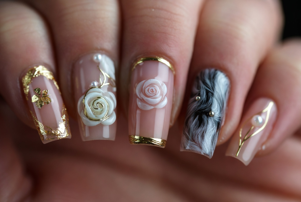 Beauty and the Beast nail ideas 2026 featuring dramatic coffin-shaped acrylic nails with intricate 3D enchanted rose designs in deep red and gold on a dark background with green leaves and stems