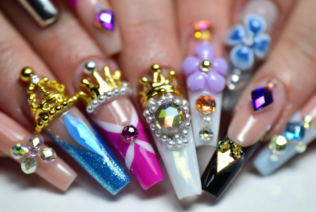 Beauty and the Beast nail ideas 2026 featuring dramatic coffin-shaped acrylic nails with intricate 3D enchanted rose designs in deep red and gold on a dark background with green leaves and stems