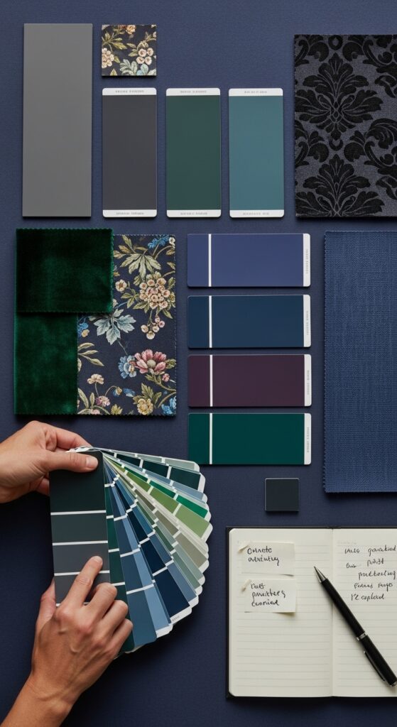 Moody bedroom with dark dramatic walls, ambient lighting, velvet textures, and luxurious bedding transforming sleep space into retreat