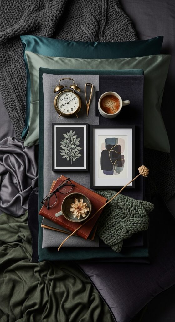 Moody bedroom with dark dramatic walls, ambient lighting, velvet textures, and luxurious bedding transforming sleep space into retreat
