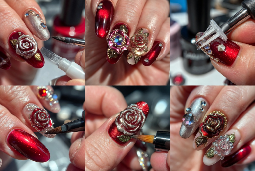 Beauty and the Beast nail ideas 2026 featuring dramatic coffin-shaped acrylic nails with intricate 3D enchanted rose designs in deep red and gold on a dark background with green leaves and stems
