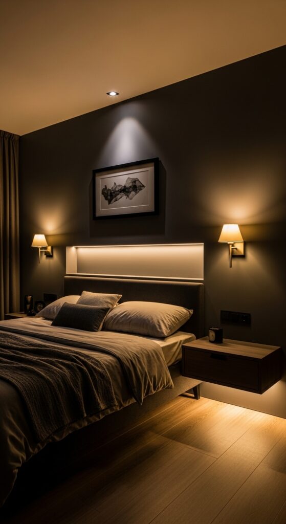 Moody bedroom with dark dramatic walls, ambient lighting, velvet textures, and luxurious bedding transforming sleep space into retreat