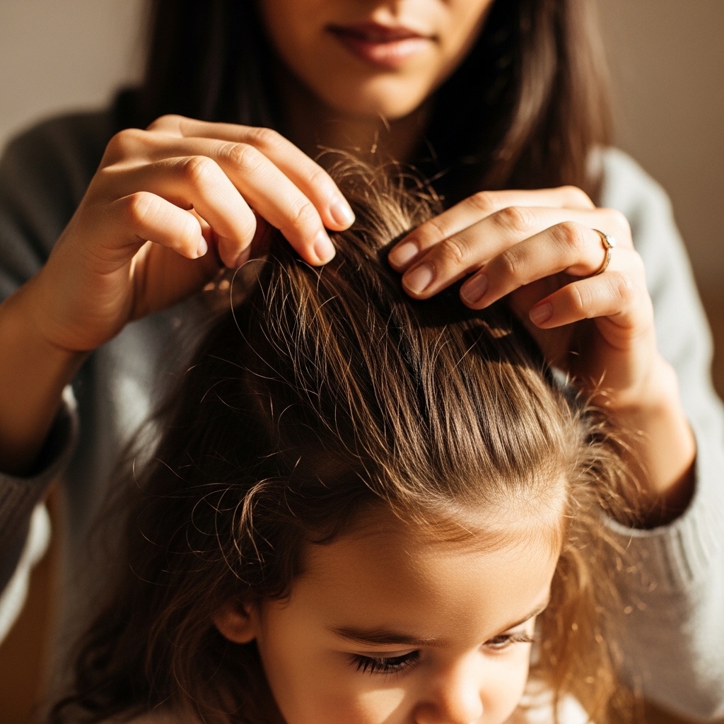 A mother gently styling her daughter's hair while the toddler sits happily with a bow in her hand, showcasing easy toddler hairstyles girl ideas for simple and easy looks, black hair, curly textures, and short hair, with a step-by-step tutorial approach