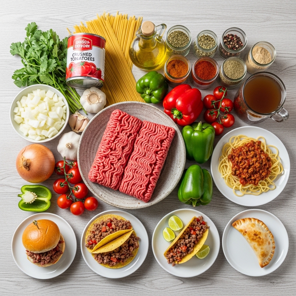 A delicious spread of various ground beef recipes including sizzling skillet meals, hearty family dinners, and kid-friendly dishes served on a rustic wooden table.