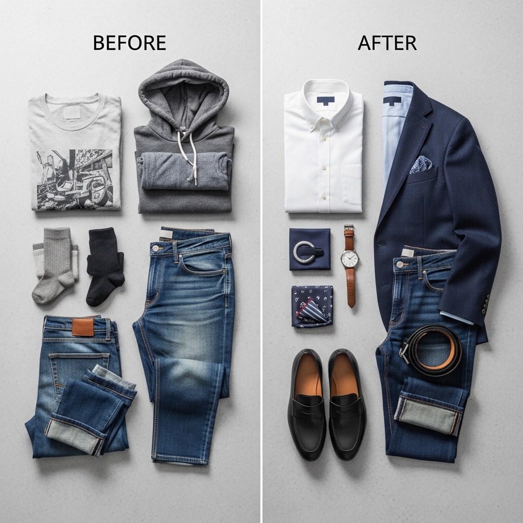 A professionally styled Men's Flat Lay Outfit featuring dark wash jeans, a white t-shirt, a denim jacket, brown leather boots, and accessories arranged on a neutral wooden background.