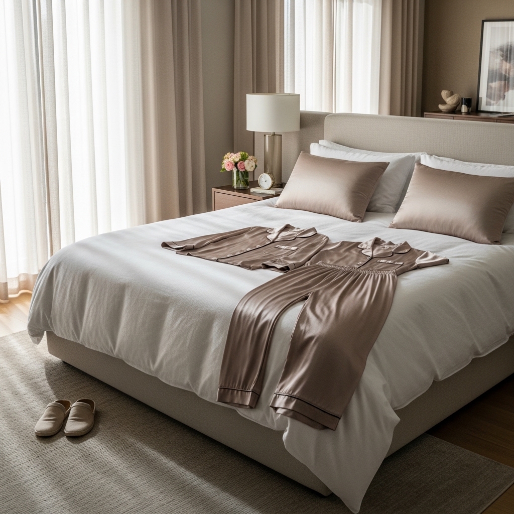 Luxury lifestyle scene featuring elegant home interior with premium coffee setup, designer wardrobe, fresh flowers, and spa-like bathroom for elevated everyday living