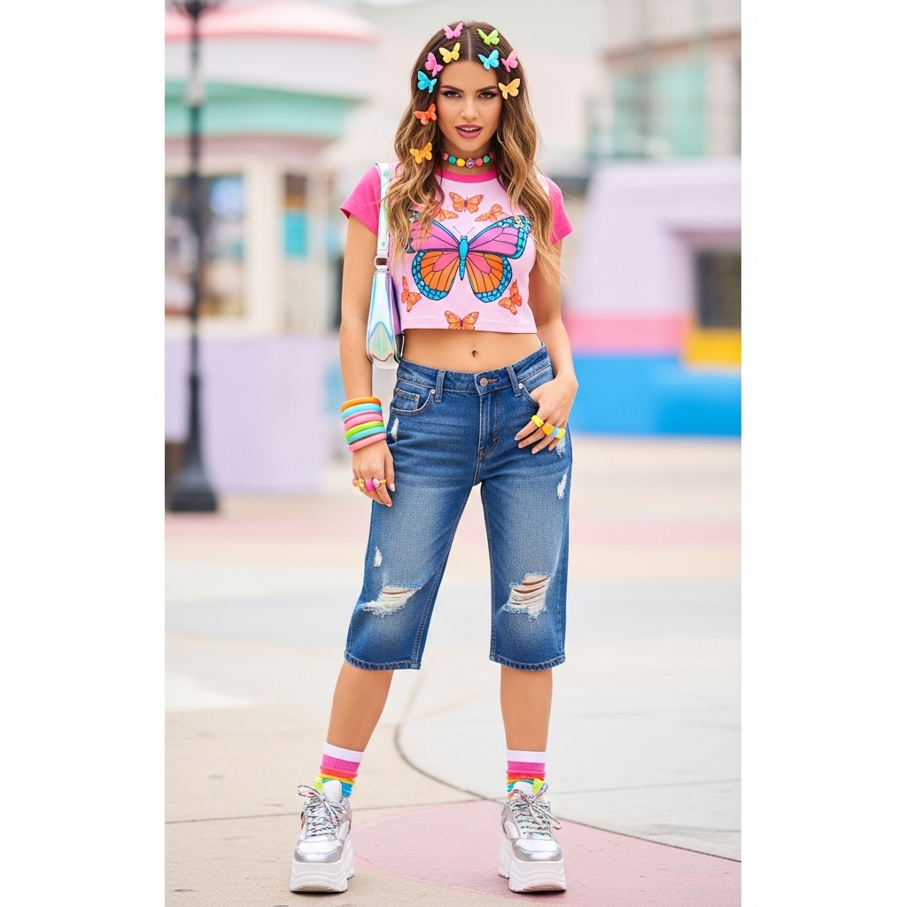 A stylish woman poses confidently in a casual summer jorts outfit women's, featuring high-waisted denim shorts paired with a simple white t-shirt and trendy accessories.