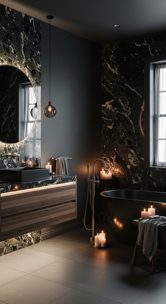 Moody bathroom with deep dark walls, statement lighting, black vanity, and freestanding tub transforming space into dramatic sanctuary