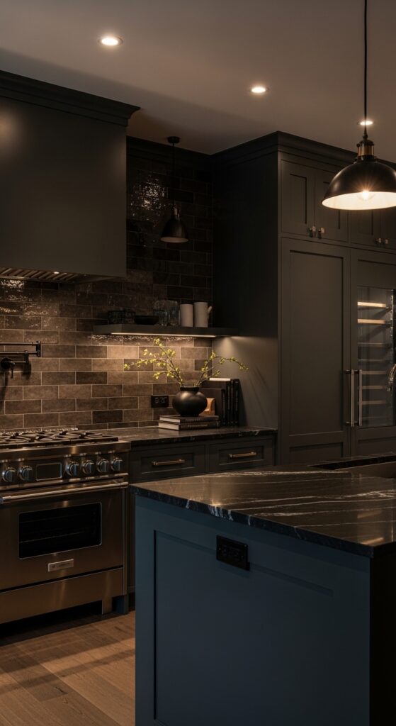 Moody kitchen with deep navy cabinets, black matte finishes, brass hardware, and dramatic lighting, transforming the cooking space into a masterpiece