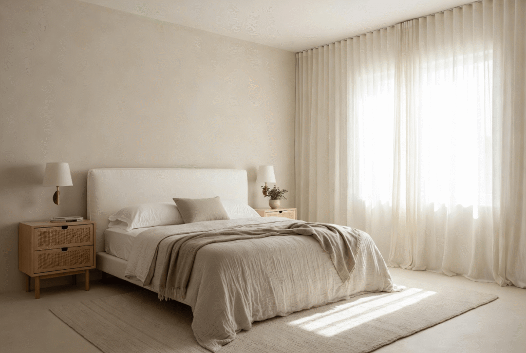 Serene master bedrooms decor featuring a cozy bed with layered textiles, warm neutral tones, and stylish accent pieces creating a personal sanctuary."