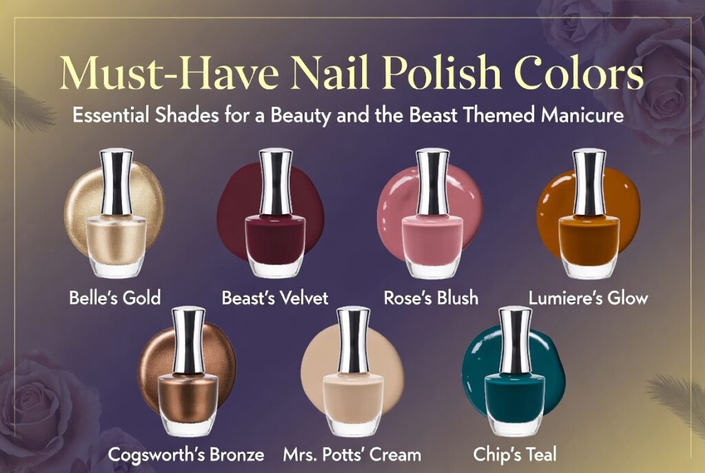 Beauty and the Beast nail ideas 2026 featuring dramatic coffin-shaped acrylic nails with intricate 3D enchanted rose designs in deep red and gold on a dark background with green leaves and stems