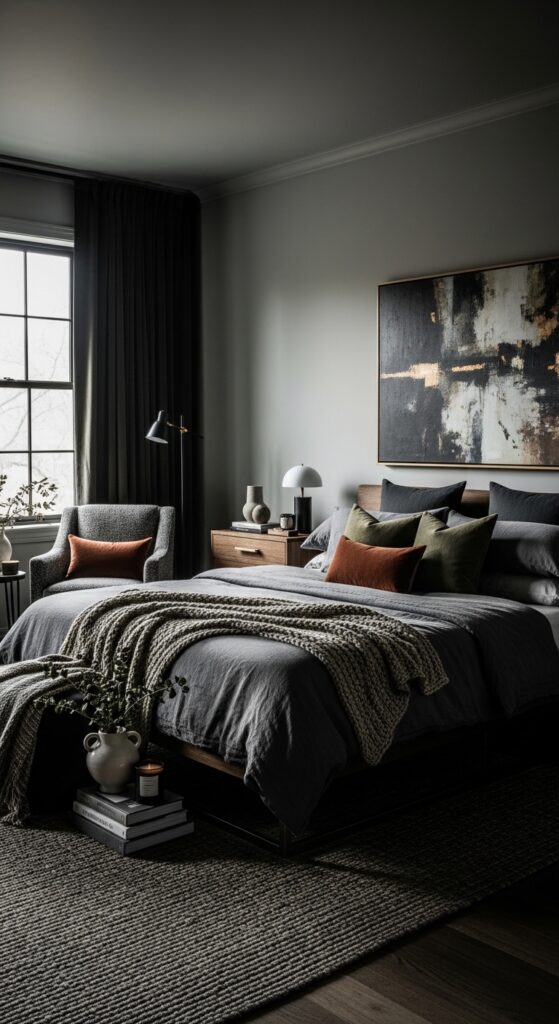 Moody bedroom with dark dramatic walls, ambient lighting, velvet textures, and luxurious bedding transforming sleep space into retreat