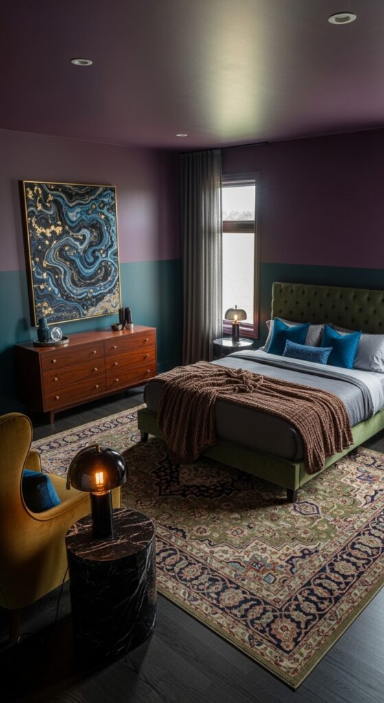Moody bedroom with dark dramatic walls, ambient lighting, velvet textures, and luxurious bedding transforming sleep space into retreat