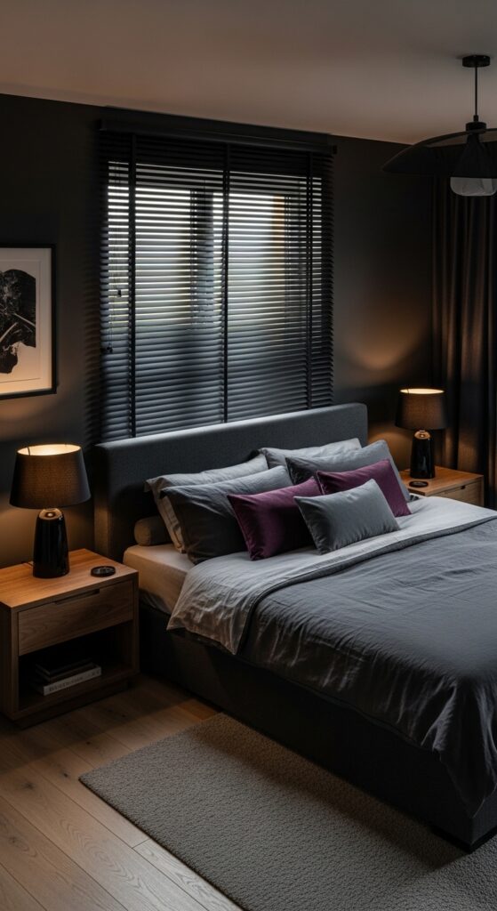 Moody bedroom with dark dramatic walls, ambient lighting, velvet textures, and luxurious bedding transforming sleep space into retreat