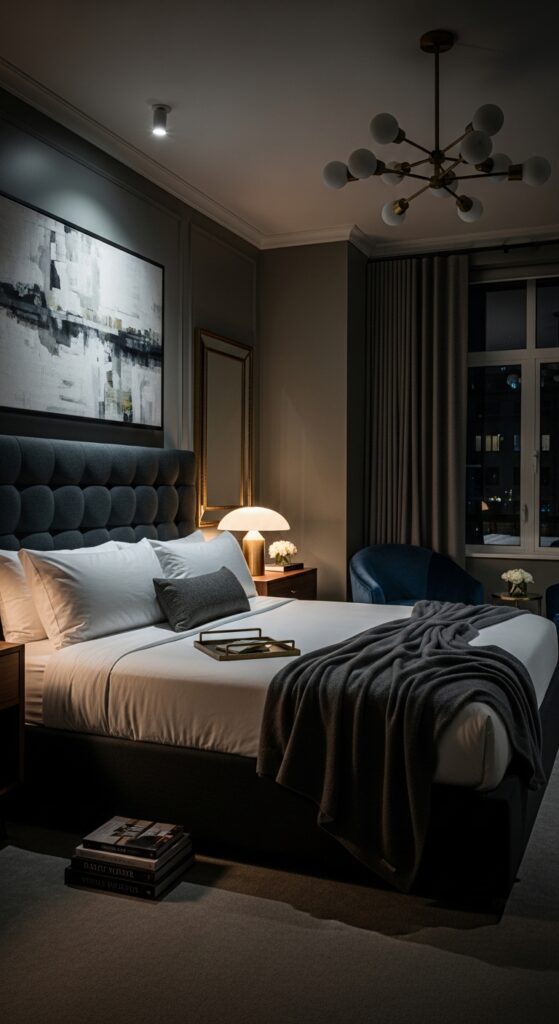 Moody bedroom with dark dramatic walls, ambient lighting, velvet textures, and luxurious bedding transforming sleep space into retreat