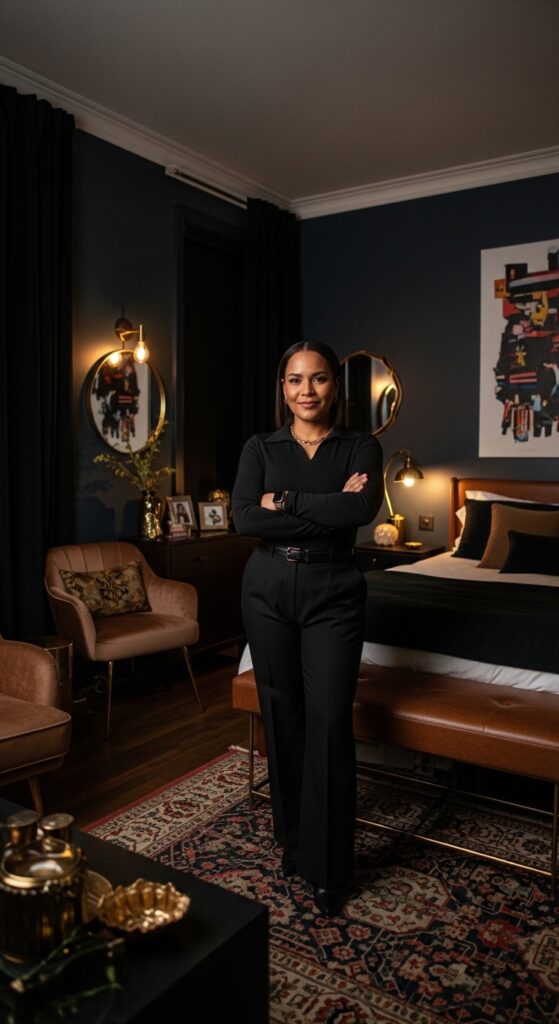 Moody bedroom with dark dramatic walls, ambient lighting, velvet textures, and luxurious bedding transforming sleep space into retreat