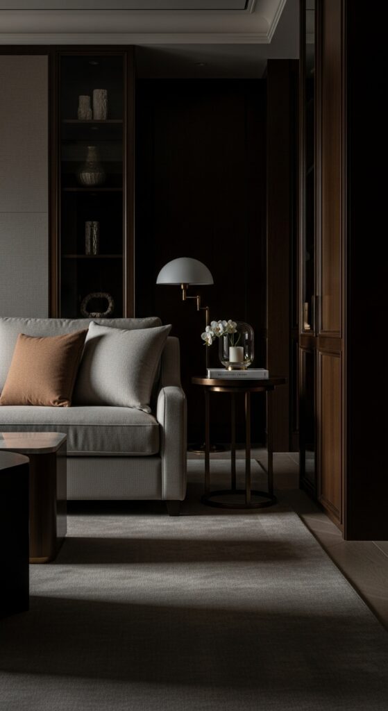 Moody bedroom with dark dramatic walls, ambient lighting, velvet textures, and luxurious bedding transforming sleep space into retreat