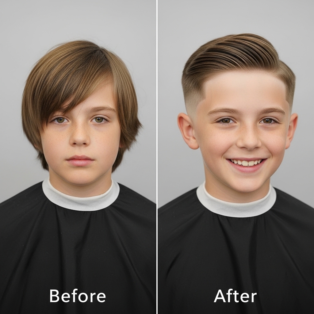 Low taper fade haircut straight hair boy showcasing a clean, modern style with textured top and precise fade lines.