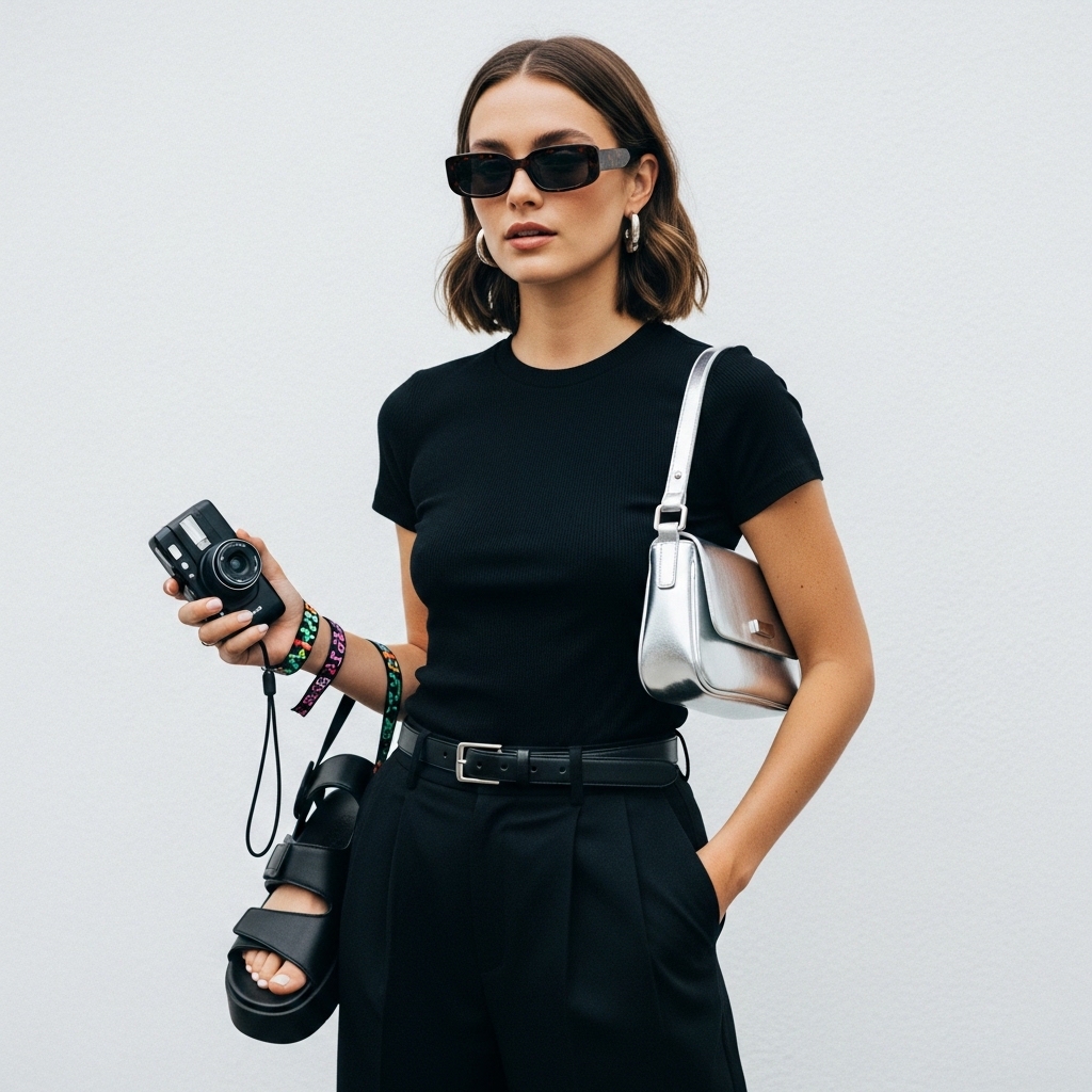A stylish woman poses confidently in a casual summer jorts outfit women's, featuring high-waisted denim shorts paired with a simple white t-shirt and trendy accessories.
