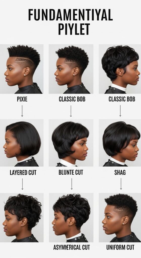 A confident black woman showcasing a stunning pixie haircut for black women with tapered sides and voluminous curly top, ideal for round faces and low-maintenance natural hair styling.