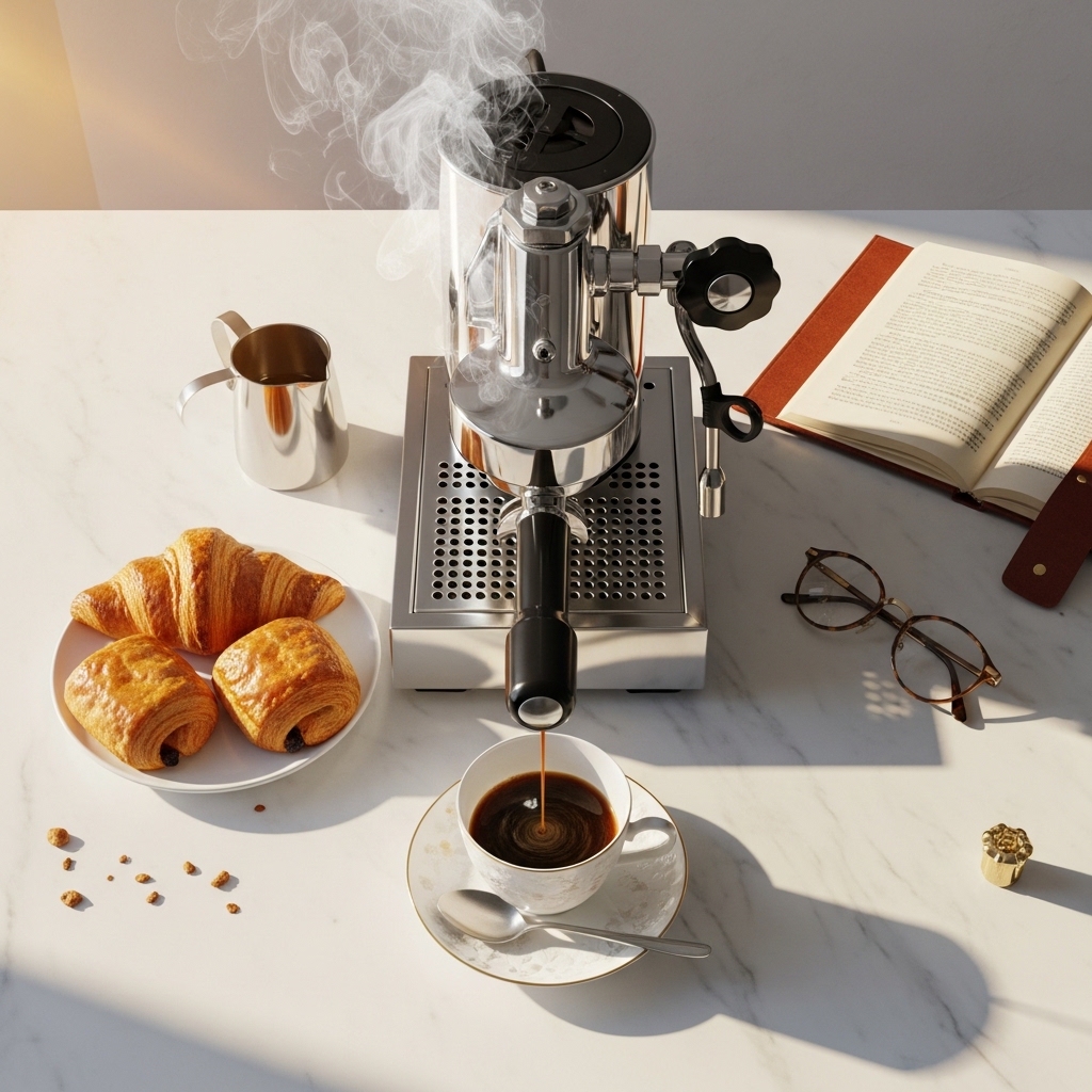 Luxury lifestyle scene featuring elegant home interior with premium coffee setup, designer wardrobe, fresh flowers, and spa-like bathroom for elevated everyday living