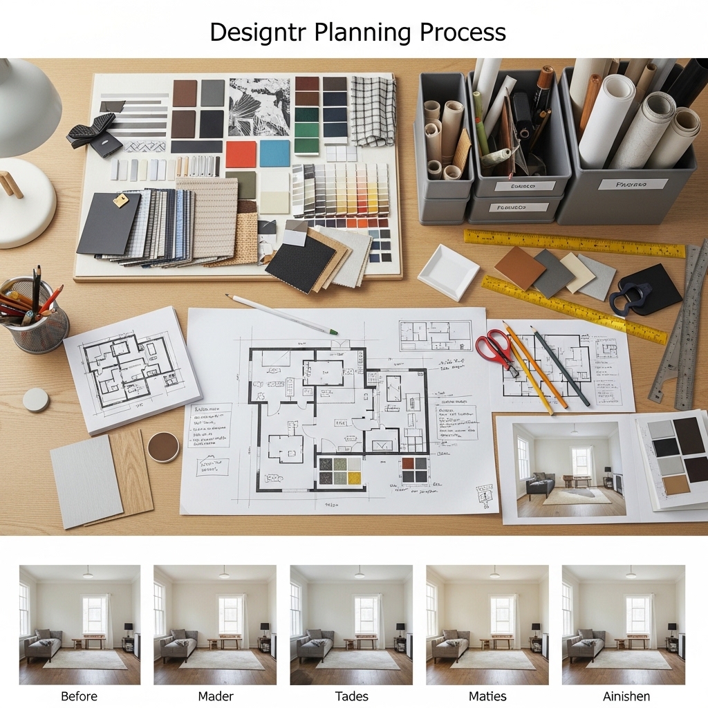 Home interior design featuring a cozy living room with modern furniture, layered textures, and warm ambient lighting