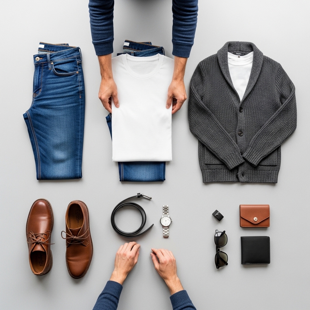 A professionally styled Men's Flat Lay Outfit featuring dark wash jeans, a white t-shirt, a denim jacket, brown leather boots, and accessories arranged on a neutral wooden background.