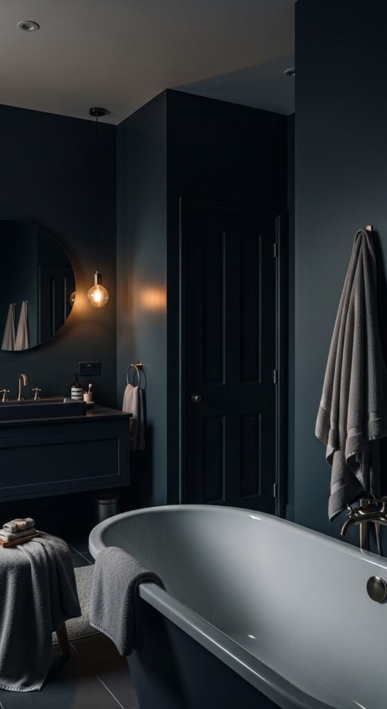 Moody bathroom with deep dark walls, statement lighting, black vanity, and freestanding tub transforming space into dramatic sanctuary