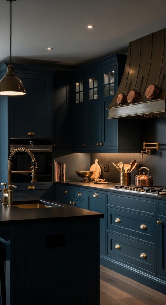Moody kitchen with deep navy cabinets, black matte finishes, brass hardware, and dramatic lighting, transforming the cooking space into a masterpiece