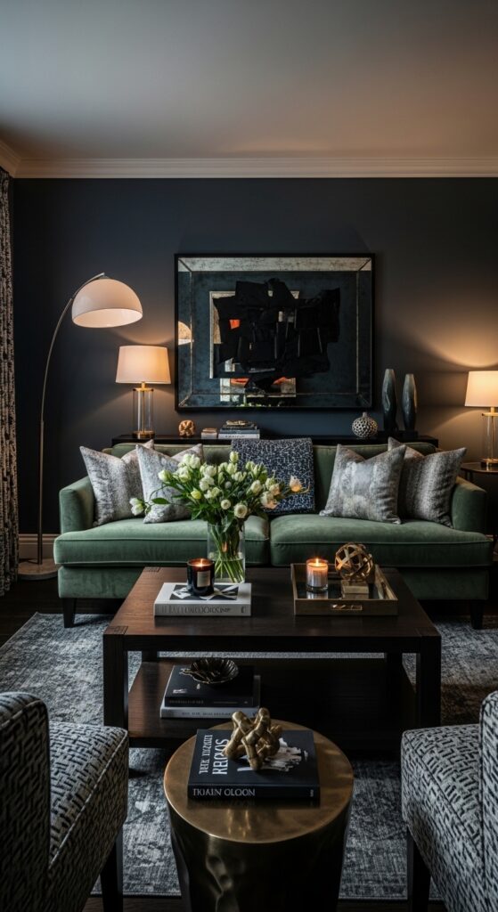 12+ moody living room ideas featuring dark walls, velvet furniture, layered lighting, and rich textures for dramatic haven transformation