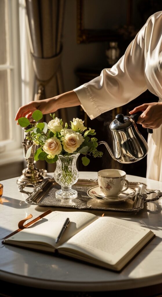 Rich life aesthetic interior with quality basics, fresh flowers, ambient lighting, and curated decor transforming everyday experience