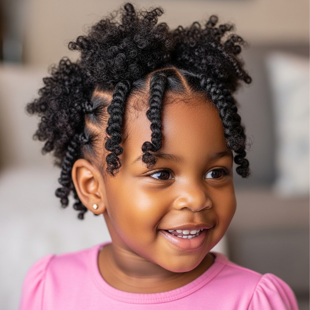 A mother gently styling her daughter's hair while the toddler sits happily with a bow in her hand, showcasing easy toddler hairstyles girl ideas for simple and easy looks, black hair, curly textures, and short hair, with a step-by-step tutorial approach
