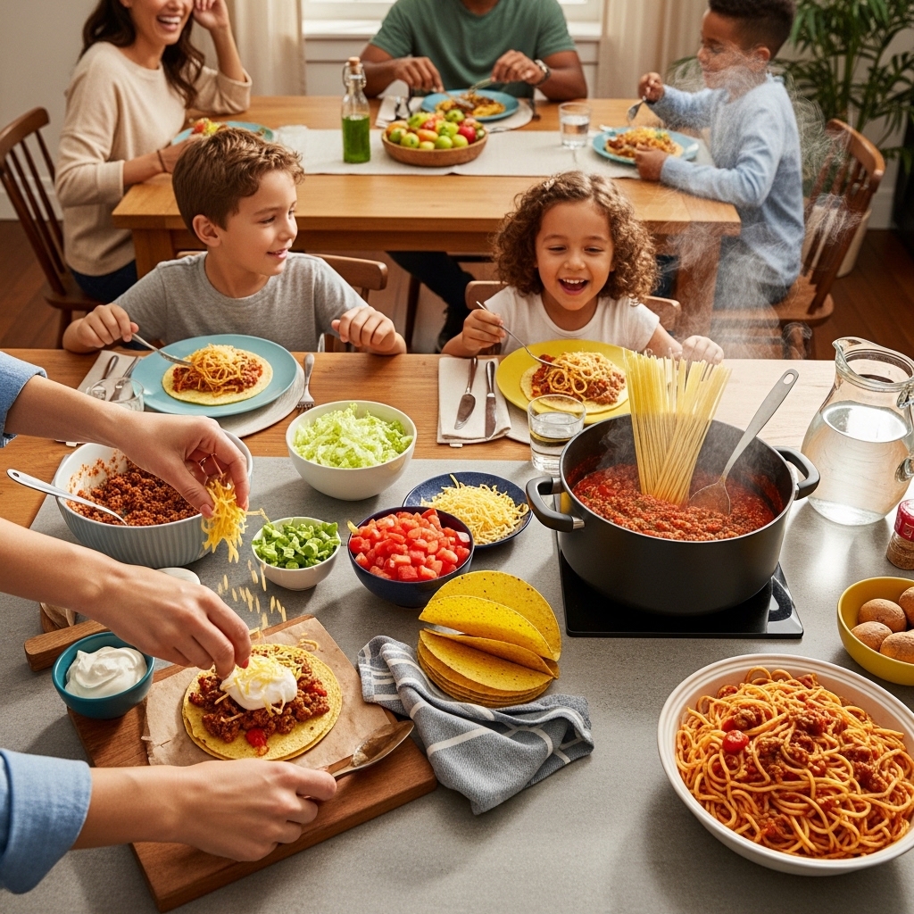 A delicious spread of various ground beef recipes including sizzling skillet meals, hearty family dinners, and kid-friendly dishes served on a rustic wooden table.