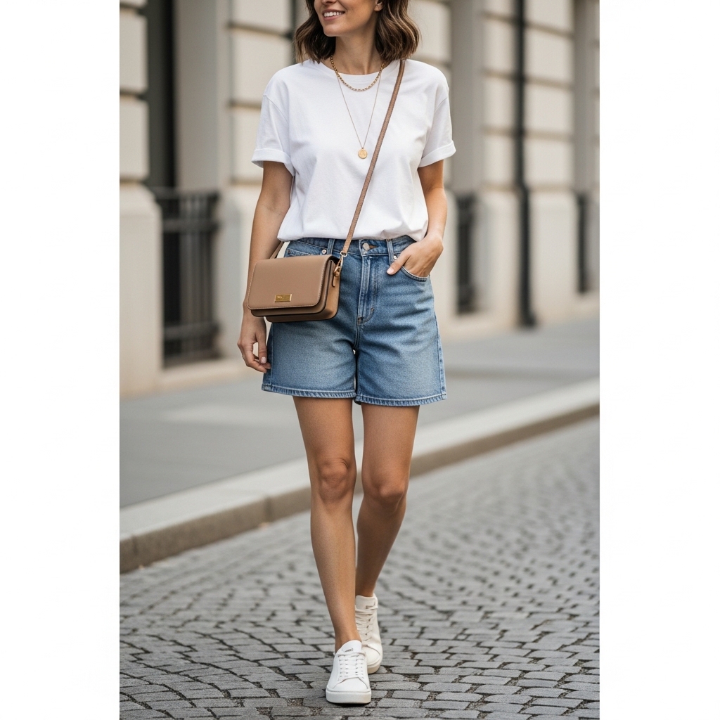 A stylish woman poses confidently in a casual summer jorts outfit women's, featuring high-waisted denim shorts paired with a simple white t-shirt and trendy accessories.