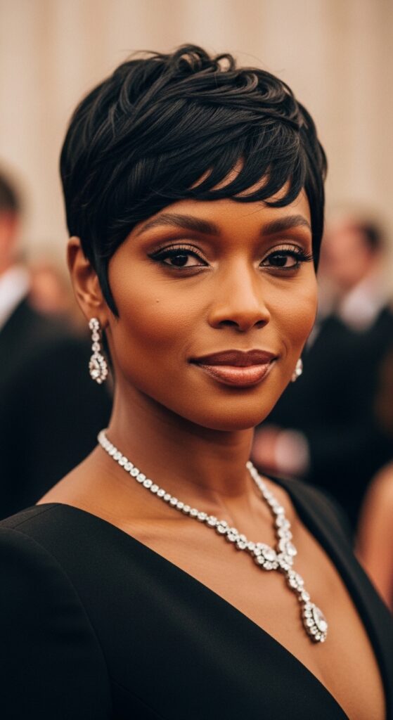 A confident black woman showcasing a stunning pixie haircut for black women with tapered sides and voluminous curly top, ideal for round faces and low-maintenance natural hair styling.