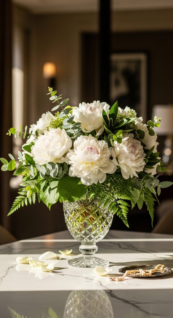 Rich life aesthetic interior with quality basics, fresh flowers, ambient lighting, and curated decor transforming everyday experience